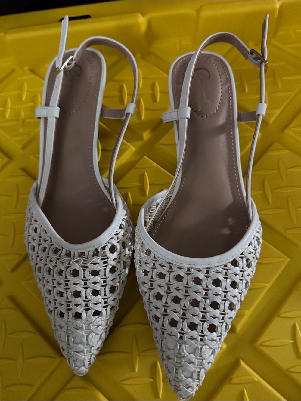 Woven Pointed Slingback Heels in White